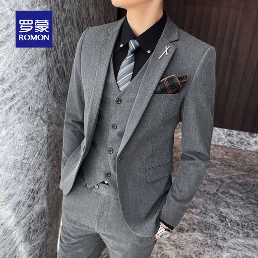 罗蒙西服套装男士伴郎新郎商务休闲修身小西装外套四件套上衣服男装 灰色 （西服＋马甲＋西裤）一扣 XL