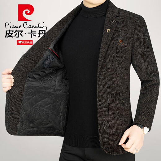 皮尔卡丹（pierre cardin）法国男装毛呢西装男春秋外套男中年男单西外套羊毛呢休闲西服针织 Z62857咖色 L 175