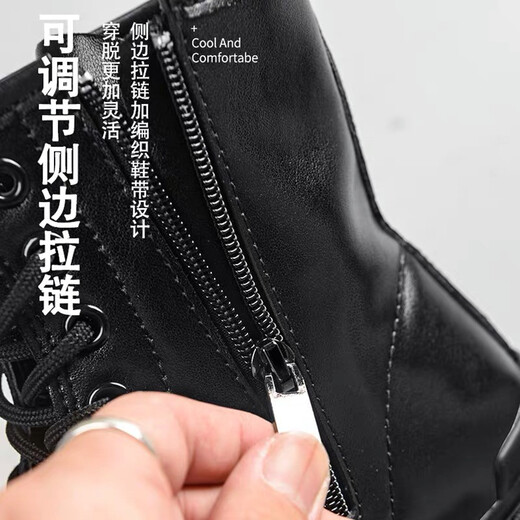 井迈【牛皮】马丁靴男中帮英伦春秋款增高黑色高帮皮鞋机车工装短靴子 黑色中帮拉链【春夏款】 42 码（=运动鞋43）