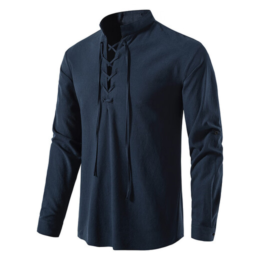 Men's Henley Medieval Retro Shirt Lace-Up Long Sleeve Shirt Nordic Style Renaissance Punk Performance Costume Navy L