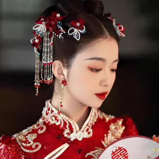 Jingli Jingda Xiuhe tiara female bride toasting attire Chinese ancient costume hair accessories red simple and elegant wedding high-end accessories red Xiuhe suit-ear clip style