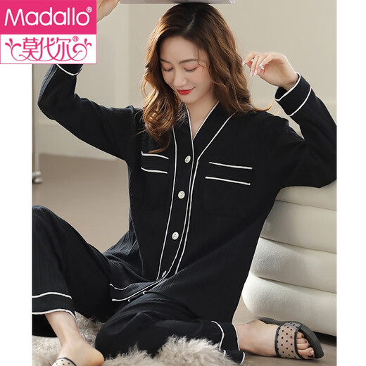 莫代尔睡衣女士春秋季秋款纯棉长袖家居服全棉加肥大码宽松秋天薄款 T9274雅黑 XL (170)