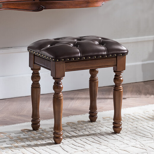 Yaowanxi Round Stool Soft Pack American Makeup Stool Dressing Table Stool Manicure Stool European Solid Wood Modern Simple Bedroom D2 Model Walnut Green Leather Pull-Buckle Style