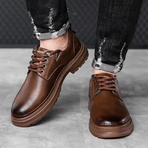 GENAI2025 New Business Casual Leather Shoes Men's Small Leather Shoes Boys Work Shoes Dad Breathable Genuine Leather Shoes Men's Shoes Brown Genuine Cowhide + Online + Wear-Resistant Thick Bottom 41 (255mm)