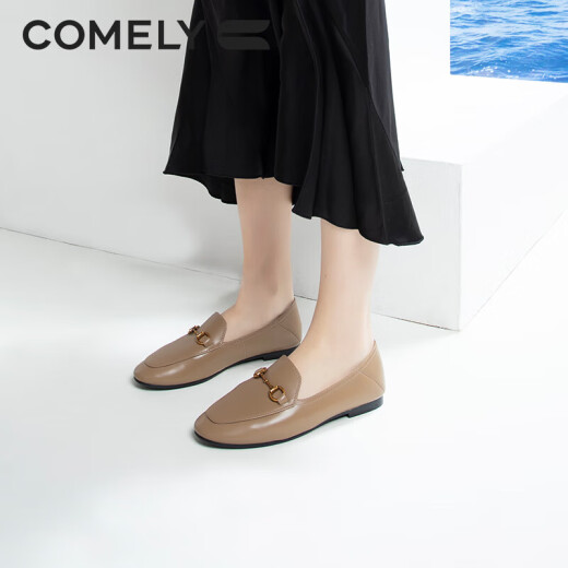 COMELY loafers women's cow/sheepskin flat slip-on shoes round toe small leather shoes camel color 37