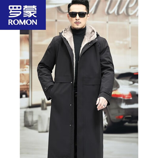 Lomon Paik Men's Imitation Mink Liner Removable Fur All-in-One Coat Over Knee Long Mink Fur Black Shell (Black Liner) 2XL