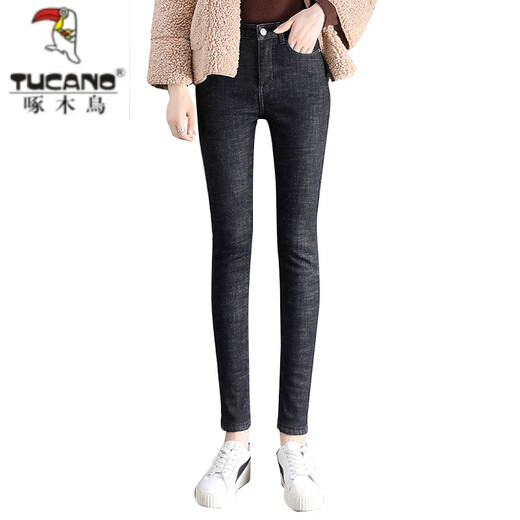
Woodpecker plus fleece thickened jeans for women in winter high waist 2025 slim and tall slim and slim tropical velvet nine-point small feet trousers 719 black grape grey velvet-nine-nine-nine-28