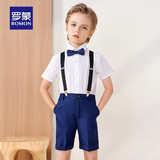 罗蒙儿童背带礼服套装男童礼服钢琴演出服中大童英伦风 藏青套装 160