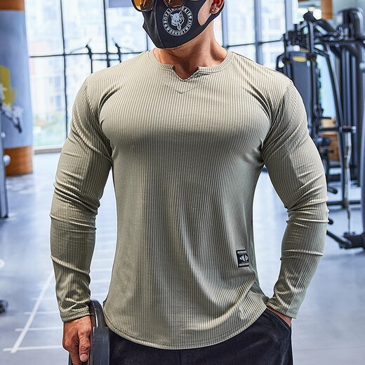 Lutielang fitness clothes sports T-shirt bottoming shirt men's long-sleeved elastic quick-drying muscle training running top gray L