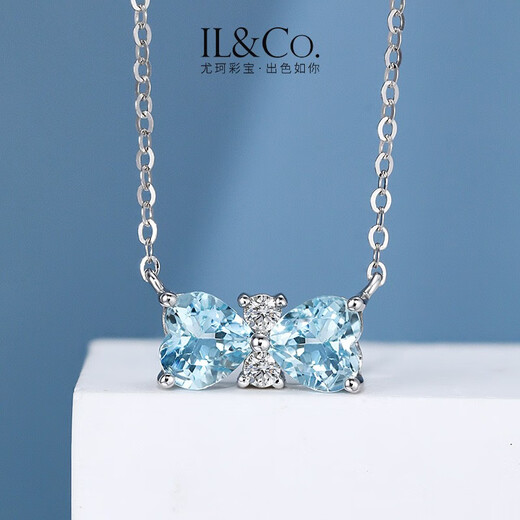 IL&CO Youke Love Girl 18K Gold Natural Aquamarine Necklace Female Butterfly Diamond Gift for Girlfriend Birthday Gift White 18K Gold Aquamarine Necklace