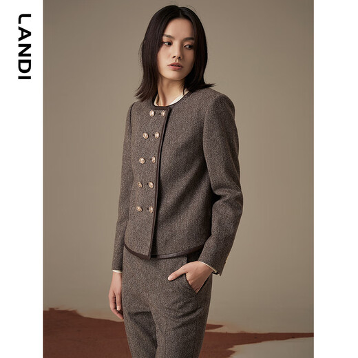 LANDI floral yarn retro high-end wool short suit jacket women's suit suit winter new product coffee floral yarn XL