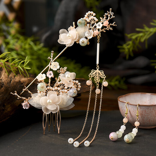 Hanfu ancient style hairpin headdress tassel step shake super fairy silk flower hairpin hair fork full set of hair accessories tiara ancient costume accessories Xia Zhi - (hairpin + hair comb + earrings) (ear hook style)