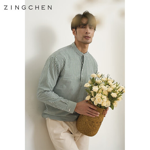 ZINGCHEN Atmospheric Wear ZINGCHEN Henry Collar Profile Striped Shirt Men's Casual Cotton Long-Sleeved Shirt Green Striped M