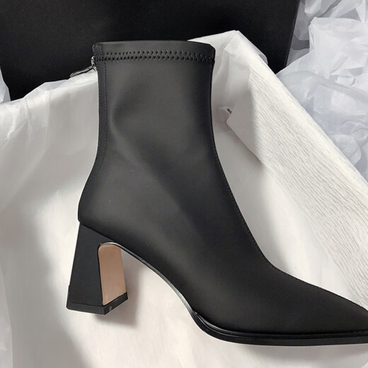 眺德高女靴春秋新款尖头高跟短筒皮靴时尚百搭简约时装靴瘦瘦靴子女 黑色 单层 7cm 37