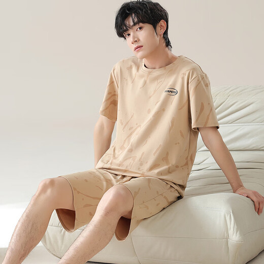 莫代尔男士睡衣男100%纯棉夏季短袖休闲简约青少年可外穿全服套装7A抗菌 09M13803 L
