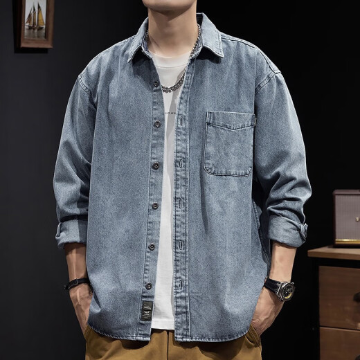罗蒙牛仔衬衫男士秋季户外重磅工装外套春秋季美式蓝色耐磨纯色上衣男 Z757蓝色 XL