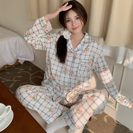 
REJIP spring and autumn pajamas women cute cartoon cardigan ins princess style long sleeve trousers loose thin home clothing set 9227 M[80-100Jin[Jin equals 0.5 kg]]