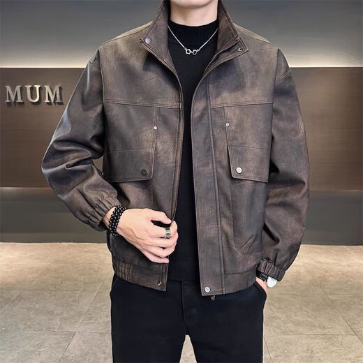 Autumn new leather jacket men's stand-up collar jacket trendy brand handsome retro distressed short versatile leather jacket top trendy coffee color 3XL recommended weight 145-160Jin Jin is equal to 0.5 kg