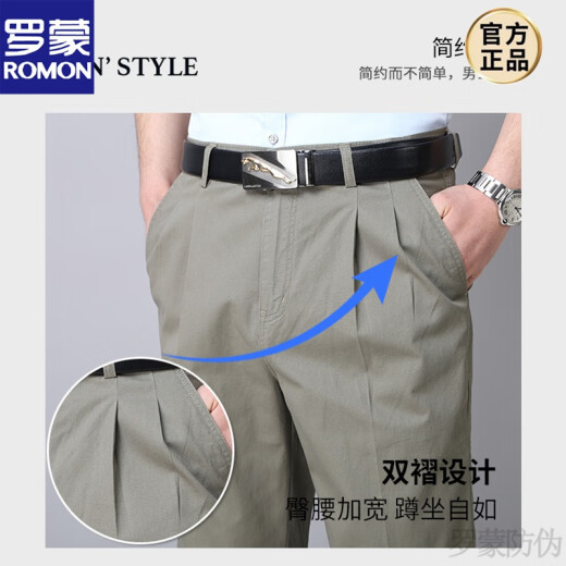 罗蒙（ROMON）纯棉双褶男士休闲裤春夏季薄款深裆高腰宽松爸爸裤子中老年人长裤 春夏浅灰 6626-5 薄款 35