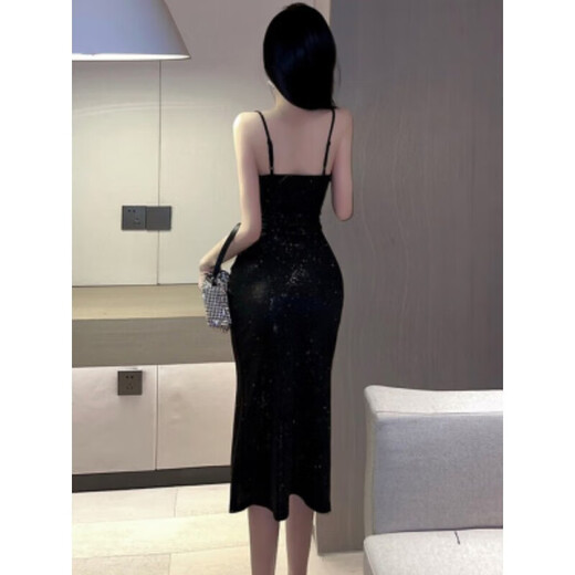 忆静萱（YIJINGXUAN）夜店性感女装吊带连衣裙轻奢小众高端亮片礼服裙不规则开叉中长裙 香槟色 均码 2