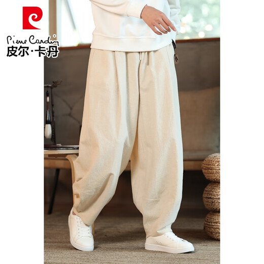 皮尔卡丹（pierre cardin）春秋棉麻灯笼裤男粗腿纯色居家哈伦裤宽松复古麻料裤子大裆休闲裤 黑色 2XL