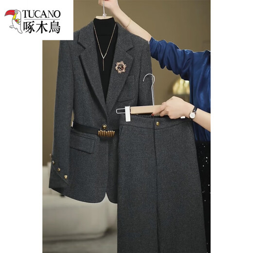 Woodpecker (TUCANO) High-End Internet Celebrity Woolen Suit Women's 2026 Winter Style Commuting Slim Jacket + Wide Leg Pants Dark Gray Suit Genuine Quality 2XL 120Jin Jin equals 0.5kg -130Jin Jin equals 0.5kg