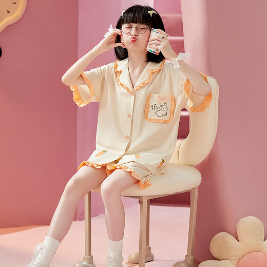 曼妮朵女童睡衣夏季纯棉小女孩新款儿童家居服宝宝开衫短袖短裤套装薄款 B4877绿【双短】 120cm 12码建议115-125cm