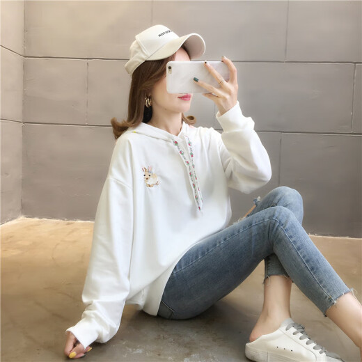 Langyue Women's Autumn T-shirt College Style Hooded Sweatshirt Women Korean Style Loose Student Solid Color Long Sleeve Top Jacket LWWY201179 White L