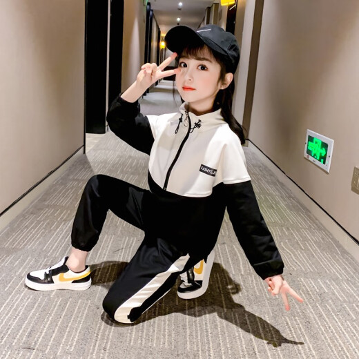 Yuansu Shiguang Girls and Children's Clothing Spring and Autumn Sports and Casual Suits Sweaters and Pants Two-piece Set Little Girls Medium and Large Children's Clothes Black 160 Size Suitable for Children Height 150-155cm