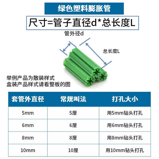Jinggong polypropylene expansion rubber plug green plastic expansion tube expansion wall plug expansion rubber particle wall plug expansion plug M6 one plate (500 pieces)