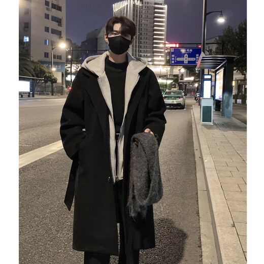 Shelley Jones fake two-piece woolen coat men's mid-length autumn and winter new style detachable hooded loose quilted windbreaker jacket black L recommended 115-140Jin Jin equals 0.5 kg