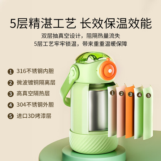 YEEHOO thermos cup 316 children's sippy cup with cup cover baby thermos cup baby children's thermos water cup apple green