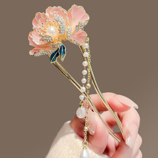 OLOEY national style high-end peony flower hairpin for women new style step rocking tassel hairpin U-shaped hairpin new Chinese style hairpin Linlang peony hairpin-U-shaped