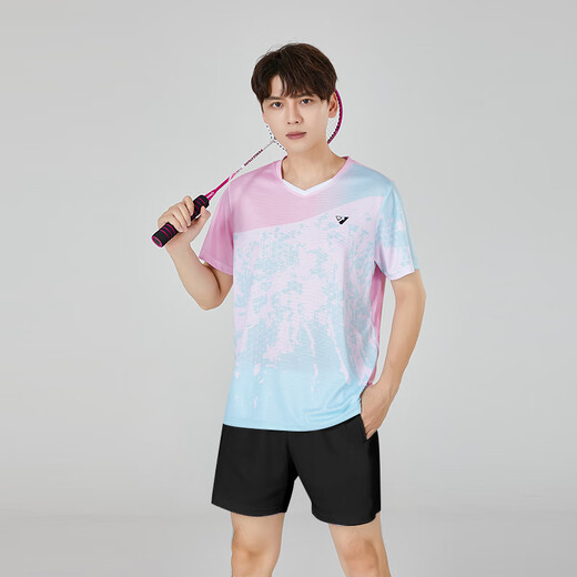 圣希奴（SaintsYno）羽毛球服女装套装定制夏季短袖运动球衣印字网排球专业羽毛球衣男 3923A粉色黑裤套装 XL