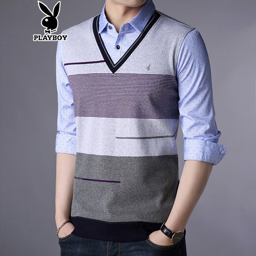 Camiseta de manga larga de Playboy Spring Camiseta de algodón para hombres de algodón de mediana edad de mediana edad y jóvenes camiseta de camiseta de gran tamaño, ropa falsa de dos piezas de dos piezas, ropa de otoño 3879 azul 180/xxl