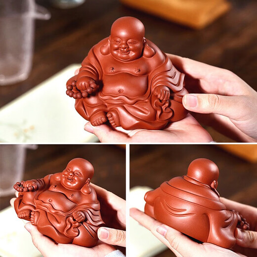 Yixing purple clay tea pet sculpture by famous pottery artist Fingertips Maitreya Buddha in a cloth bag Fully handmade tea play with little monks that can be raised and change color boutique Maitreya Buddha always smiles