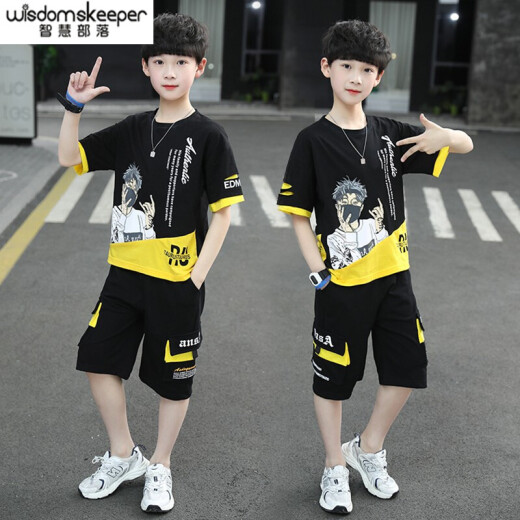 Wisdom Tribe Children's Clothing Boys' Suits Summer Clothes 2021 Summer New Handsome and Western-style Children's Suits Medium and Large Children's Short-Sleeved T-shirt Shorts Korean Style Boys Two-piece Set 3-15 Years Old Trendy Black 150 Size Recommended Height <About 1.4 Meters>