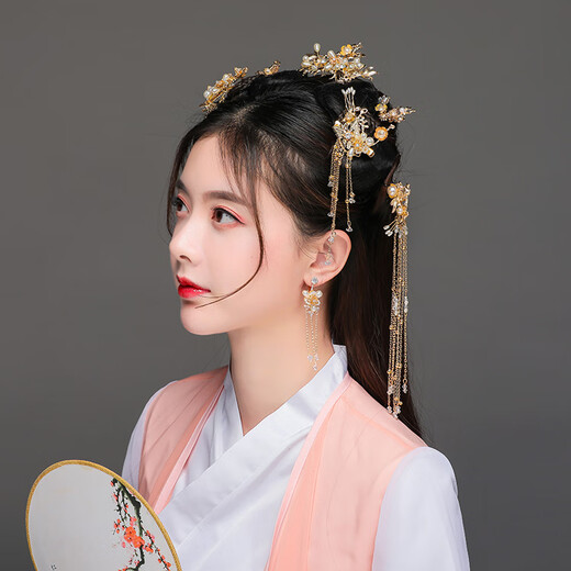 Hanfu headwear, ancient style hairpins, retro hair combs and hairpin sets, tassel steps, ancient costume rocking hairpins for bride, full set at special price (no pierced ears, ear clips)