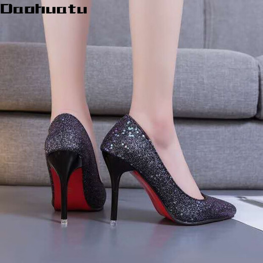 Daohuatu size 35-45 large size high-heeled shoes 44 sequined single shoes retro men's transvestite shoes 43 stiletto heel big-foot women's shoes 42 silver 10 cm 43