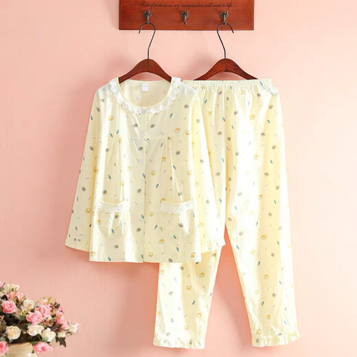 Pyjamas von Baumwoll-Twill für Frauen im Frühling und Sommer dünne Langarmes, frisch floral gewebter reines Baumwoll-Pyjama-Kleidungsstück Set gelbe Zitronen 6636 XL 120-130jin [Jin ist gleich 0,5 kg]