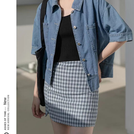 简方位牛仔衬衫2022夏装短款上衣复古港味气质百搭矮个子短袖外套女新款 869牛仔蓝 均码  S75-85斤