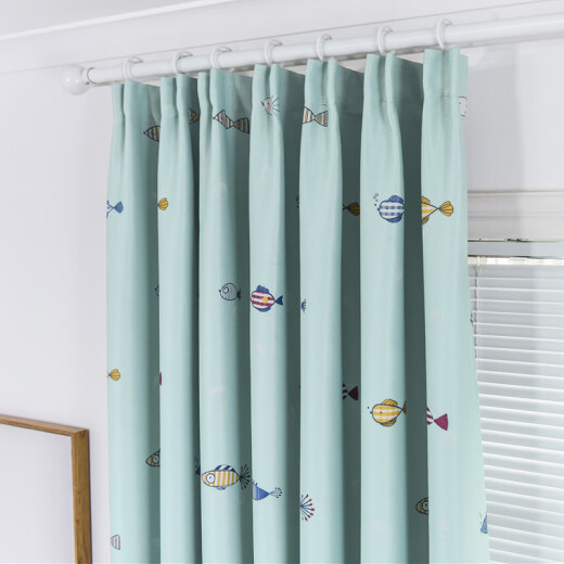 Jiabai curtain bay window blackout curtain fabric finished sunshade children's bedroom short curtain balcony cartoon fish blue hook type 2 meters wide * 2 meters high 1 piece