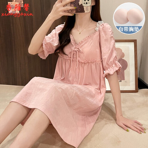 
Xiangyaxin nightgown for women in summer with chest pad new short-sleeved pajamas sweet princess style loose and can be worn outside in mid-length home clothes 3888 meters white M