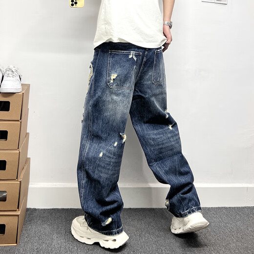 Smyslenny轻奢侈新品牌美式高街棉牛仔裤男士宽松直筒阔腿破洞蓝色水洗潮牌 蓝色_H3892 M _125-140斤