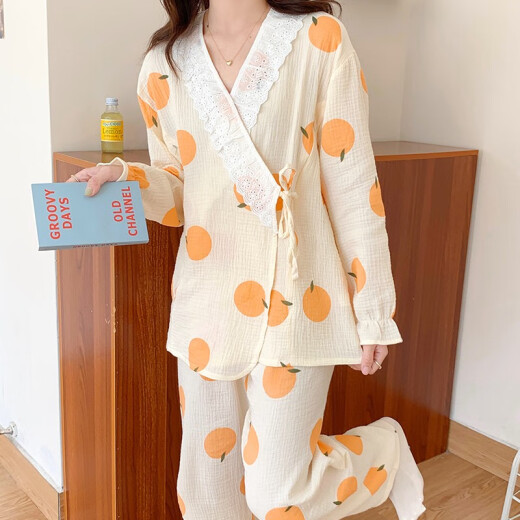 月子服夏季产后棉纱布哺乳睡衣女春秋孕妇喂奶家居服套装可外穿纯 橙色橘子和服A1049#A M 80-100斤