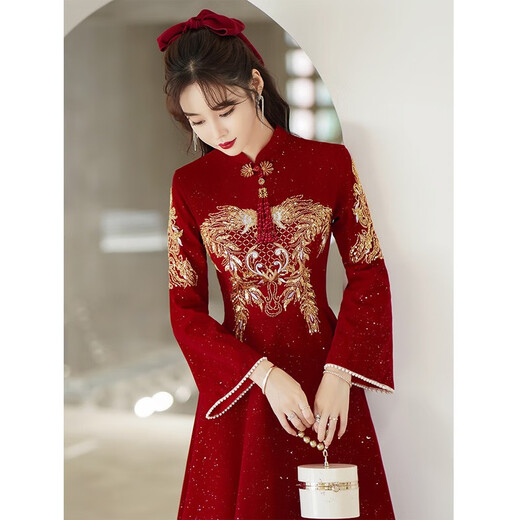 Seidler New Chinese Cheongsam Toast Wear Bride 2025 New Burgundy Xiuhe Clothes Home Long Sleeve Wedding Engagement Dress Burgundy M (Recommended 96-105 Jin Jin equals 0.5 kg)