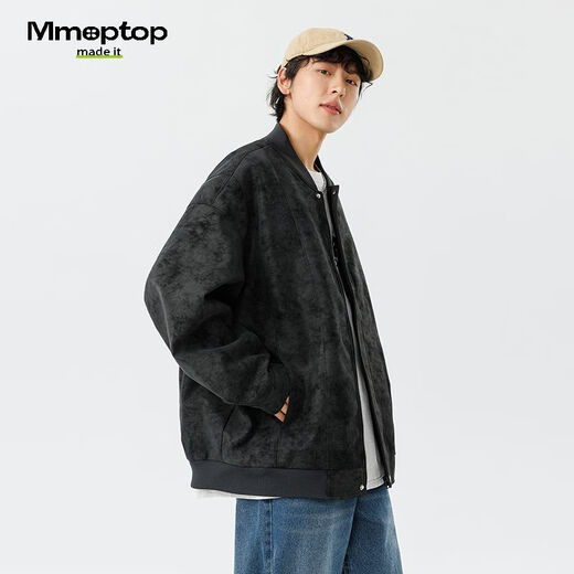 MMOPTOP American PU leather baseball jacket men's spring and autumn trendy handsome work jacket top 6211 black M