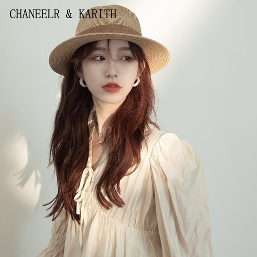 CHANEELR & KARITH防晒帽复古草编帽女夏季防紫外线度假草帽英伦礼帽海边沙滩遮阳帽 黑色 织带 M（55-58cm）
