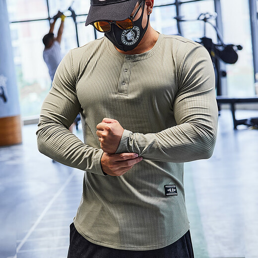 Lutielang fitness clothes men's long-sleeved sports T-shirt tights quick-drying elastic breathable training bottoming shirt autumn and winter military green L