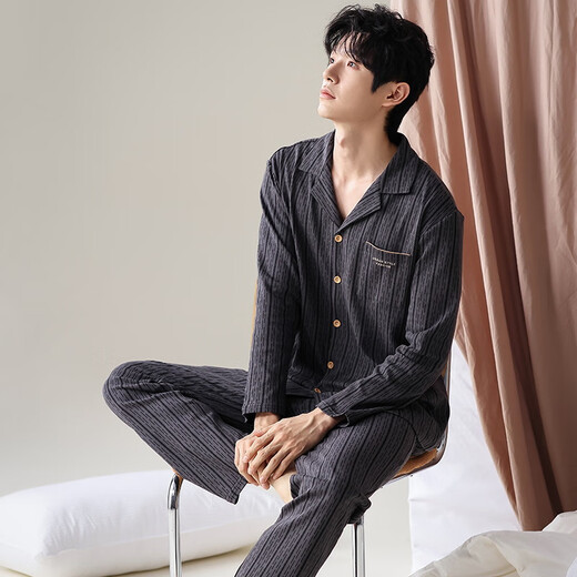 莫代尔睡衣男100%纯棉秋季开衫长袖长裤春秋款青少年大码翻领家居服套装 L12210 XL